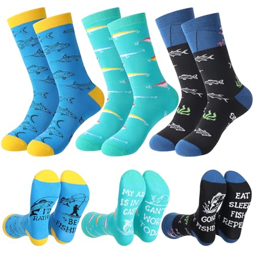 Jspupifip 3 Pairs Funny Fishing Socks for Men, Novelty Cotton Dress Crew Sock Gift for Dad Grandpa...