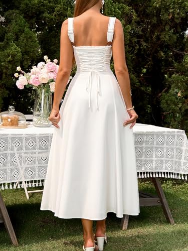 Image of KUTUMAI Floral Corset Midi Dresses for Women 2026 Lace Up Flowy Summer Wedding Guest Dress with Pockets