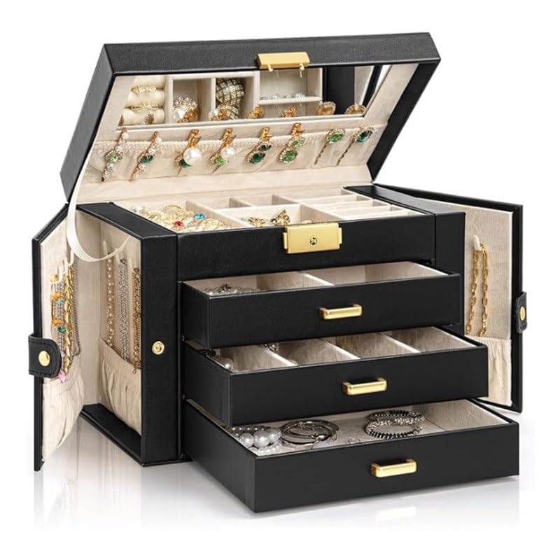 Boîte à bijoux en cuir noir d'exception, grand organisateur sécurisé pour parures de luxe