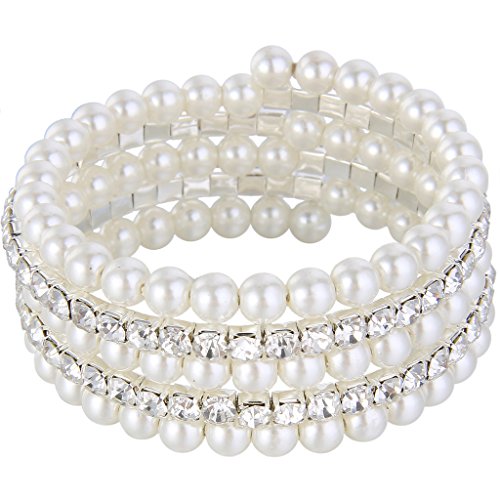 Ever Faith Wedding Layers Cream Ivory Color Simulated Pearl Strand Bracelet Clear Austrian Crystal #TOP20