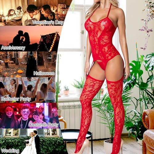ROSVAJFY Sexy Lingerie for Women Naughty Bodystocking Fishnet Bodysuit Lace Halter Babydoll Chemise Nightwear Hollow Out Stretchy Tights Mini Dress with Suspenders Grarters Red Black (Red) - Image 6