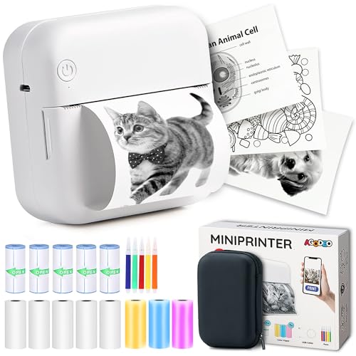 AgoDeo Mini Drucker Geschenkset - 300 DPI HD Qualität - Sofort PrintPod - Fotodrucker für Smartphone - Bluetooth Thermodrucker Mini Printer Foto drucker für Handy - Taschen Sticker Drucker (Weiß)