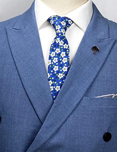 Image of Men's Skinny Tie Floral Cotton Necktie and Tie Bar Clip Sets, Great for Weddings,Groom,Groomsmen