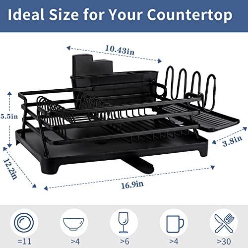 [Upgraded] Aluminum Dish Drying Rack, Rottogoon Rustproof Dish Rack And Drainboard Set With Drainage, Utensil Holder, Cup Holder, Compact Dish Drainer For Kitchen Counter Cabinet, 16.9" X 12.2", Black #TOP1