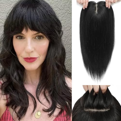 Aimeolyn Hair Toppers for Women - 16inch Real Human Hair With Bangs, 8x8inch Skin Scalp Big Base Cover for Thinning or Hair Loss - Remy Top Pieces Wiglets