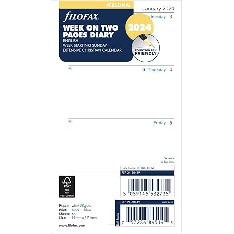 Filofax Personal Week on Two Pages English Sunday Start 2024 Diary