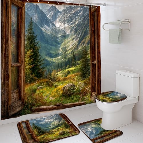 Rideau de douche polyester imperméable motif forêt rustique et tapis assorti - 2