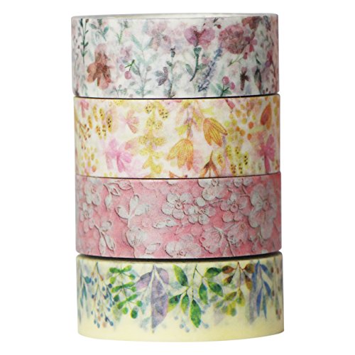Uooom Lot de 4u00a0motifs fleurs Washi Ruban adhésif de masquage ruban papier adhésif autocollant pour décoration Scrapbooking DIY Craft Cadeau