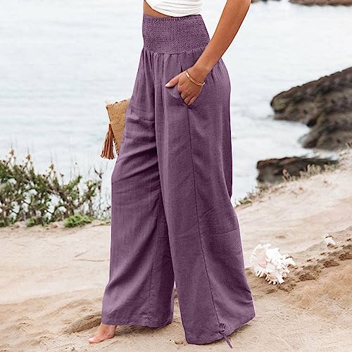 Wide Leg Linen Pants for Women 2025 Summer Loose Wide Leg Palazzo Pants Spring High Waist Flowy Beach Trousers Outfits4