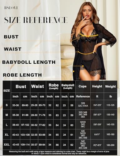 RSLOVE Women Sexy Lingerie Set 3 Piece Babydoll & Lace Kimono Robe Strap Chemise Sleepwear Mesh Nightgown