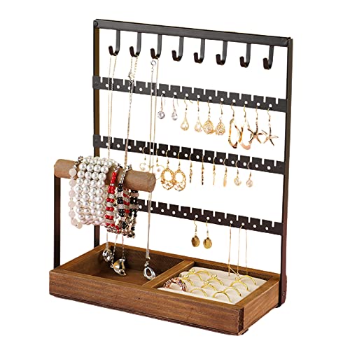 Flueyer Présentoir à bijoux à 4 étages - Plateau de rangement à 8 crochets - Tour en bois pour colliers, bracelets, bagues, boucles d'oreilles, montres Cover