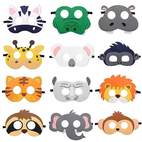 AOOTUERL 12 Pièces Masques D'animaux en Feutrine,Masque Animaux Jungle pour Filles Garçons, Masque Animal pour Déguisement Cosplay, Carnaval, Fête d'Anniversaire