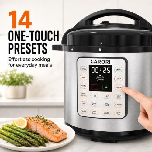 Image of CARORI 8Qt 12-in-1 1200W Stainless Steel Pressure Cooker,Quick Meals, Time-Saving, Healthy, Convenient & Efficient - with Safer Venting & Recipe Book, Silver