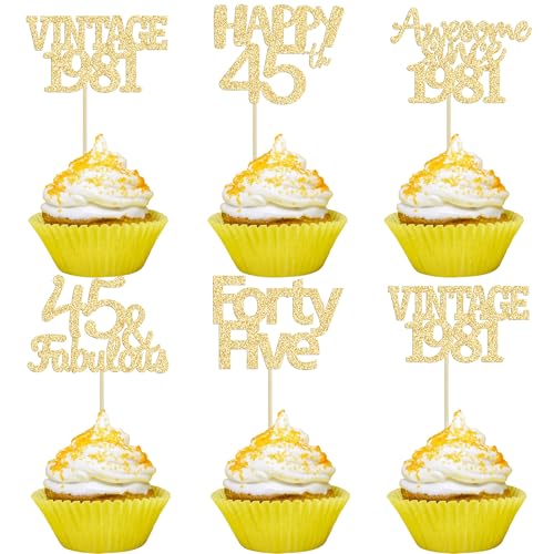 Gyufise 30Pcs Happy 45th Birthday Cupcake Toppers Glitter Forty Five Vintage 1981 Cupcake Picks Cheers to 45 Fabulous Cake Decorations for Happy 45th Birthday Wedding Anniversary Party Supplies Gold