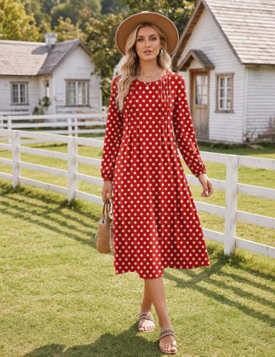Image of Zeagoo Fall Dresses for Women Long Sleeve Midi Dress Casual A Line Dresses 2026 Pleated Flare Dress with Pockets