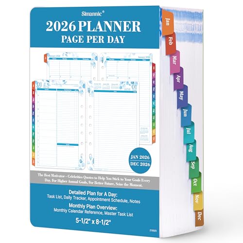 2026 Planner Refills – January 2026 - December 2026, 2026 Planner Refills, Two Pages Per Day Daily ＆ Monthly, 8.38" x 5.51", Ring-Bound with Tabs