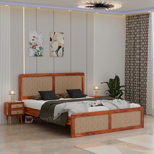 Image of DRIFTINGWOOD Camber Solid Sheesham Wood King Size Bed Without Storage | Rattan Cane Headboard & Footboard | Curved Edges | Honey Finish (Self Assembly Required)