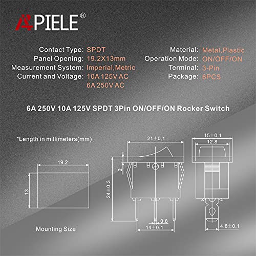 APIELE 6 Stücke Kippschalter,3 Position EIN-Aus mit SPDT 3 Pins Wippschalter,250V 6A Taste Rocker Kippschalter Für Häuser, Industrie,DIY KCD1-2-103 (EIN-Aus-EIN Schwarz)