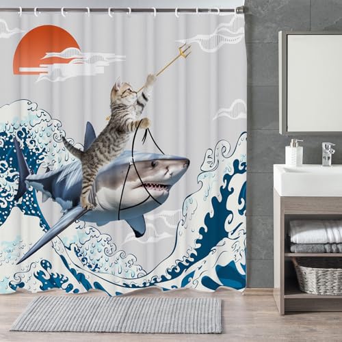 Image of Funny Cute Cat Shower Curtains,Japan Cat Shark with Ocean Sea Wave Shower Curtain for Bathroom,Japanese Cool Fabric Shower Curtain Set with Hooks Bath Decoration 72X72inches