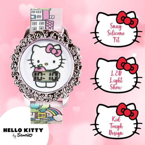 Sanrio Hello Kitty Kids Flashing LCD Watch – Pink Cityscape Strap, Decorative Bezel, Digital Display, Light-Up Feature, Adjustable Fit, Adorable Design, Great Gift for Girls – Fits Wrists 5.5” to 8”3
