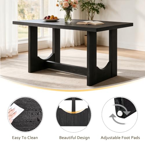 Image of LUMISOL 6 Piece Farmhouse Dining Table Set, Solid Wood Dining Table with 4 Upholstered Chairs and Bench, U-Shaped Base Kitchen Set for Dining Room, Kitchen, Antique Black + Beige