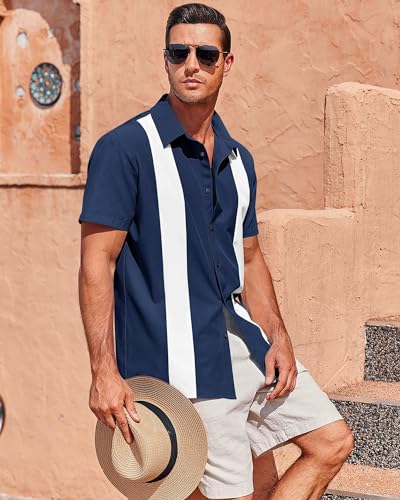 Mens Vintage Bowling Shirts Short Sleeve Button Down Guayabera Beach Shirts for Men - Image 6