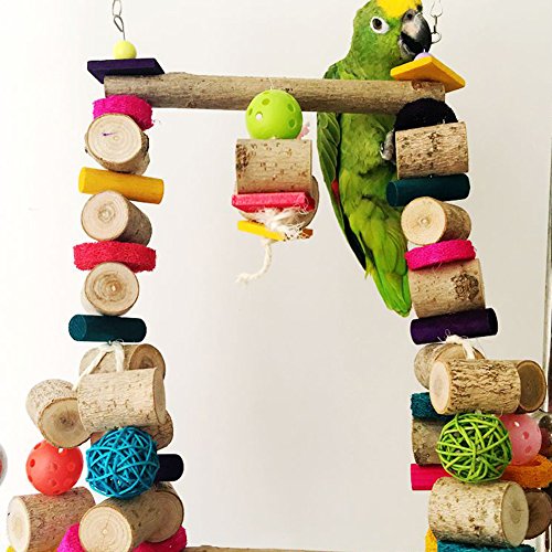 Bonaweite Extra Large Bird Chewing Swing Toy With Colorful Rattan Balls And Natural Dyed Wooden Blocks For Medium, Large Parrot, Metal Hook To Easily Place Onto The Bird Cage Or Bird Stand Playground #TOP1