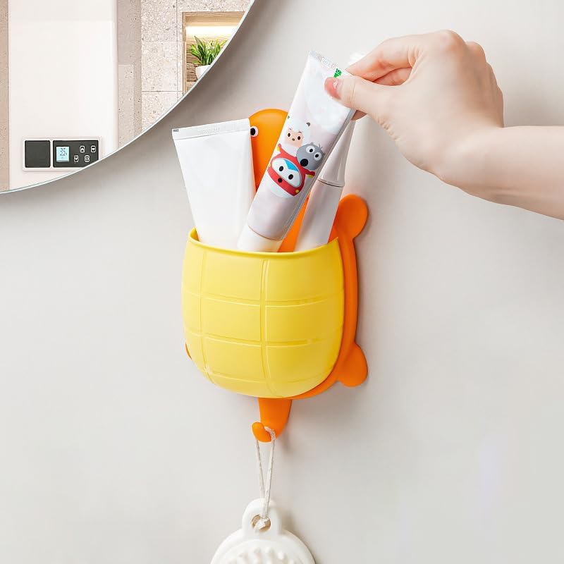 Cute Toothbrush Holder Wall Mount, Hanging Bathroom Storage Basket with Hook, Punch Free Space-Saving Toothbrush and Toothpaste Holder, Cute Cartoon Turtle-Shaped, Orange