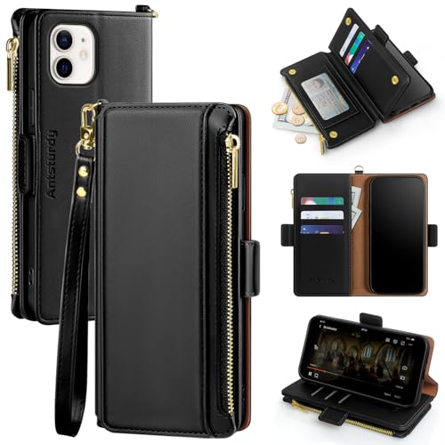 Étui portefeuille iPhone 11 RFID anti-piratage avec poche zippée noire