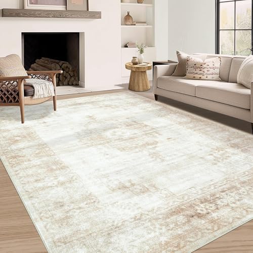 Aoyaomi Vintage Living Room Area Rug - 5x7 Large Machine Washable Boho Moroccan Distressed Farmhouse Rugs for Bedroom - Soft Non-Slip Indoor Floor Accent Rugs for Office Dining Room (Beige, 5' x 7')
