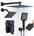 Shower Faucet Set, 12" Wall Mount Rainfall Shower System with 2 Rain Shower Head and Multi-function Handheld Head Push Button Diverter Shower Faucet Trim Kit Matte Black