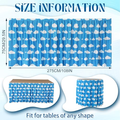 Image of Oudain 9 ft Blue Sky White Clouds Table Skirt Cloths for Teacher Desk Cartoon Wrinkle Blue Sky White Clouds Table Cover Skirt for Kindergarten Classroom Kidney Shaped Desk Back to School Supplies