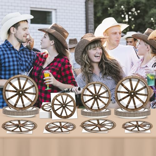 96Pcs Western Cowboy Party Paper Plates and Napkins for Western Party Supplies Wooden Wagon Wheels Themed Paper Dessert Plates Tableware Set for Kids Boys 24 Guests Birthday Party Decoration