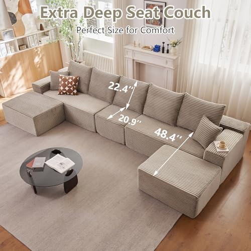 Image of 167.7 inch Sectional Cloud Couch for Living Room, Stupendous U Shaped Sofas, Modular Floor Deep-Seat Sofa, Big Comfy Corduroy Couches Set with Fluffy Memory Foam, No Assembly Required, Camel