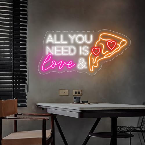 Image of All You Need Is Love & Pizza,Pizza Neon Sign for Wall Decor, Pizza LED Neon Light for Pizzeria, Restaurant, Kitchen, Store, Food Lovers Bedroom Restaurant Shop Party Decoration, 21.26 inchx10.63 inch