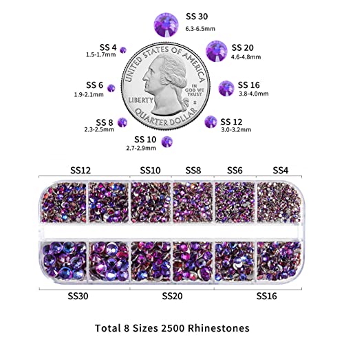 Beadsland Rhinestones for Makeup,8 Sizes 2500pcs Purple Flatback Rhinestones Eye Gems for Nails Crafts with Tweezers and Wax Pencil,Purple Velvet,SS4-SS30 - Image 3