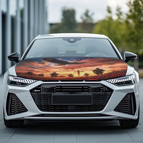 Image of Car Hood Cover Protector USA Flag Design Car Hood Wrap Blankets Veterans Day Decorations Automotive Patriotic Decorative Accessories for Compact Sedans SUVs Pickups Trucks