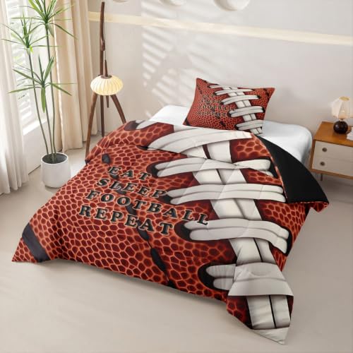 Image of Feelyou Football Comforter Set Twin Size Rugby Bedding Set for Kids Boys Girls Eat Sleep Sports Theme Duvet Quilt Bedroom Decor Microfiber 2 Pcs with 1 Pillow Case