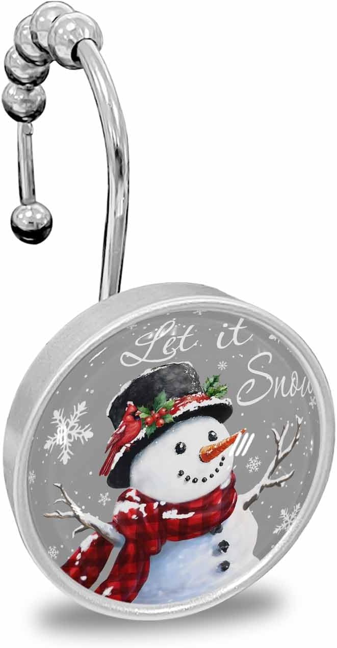 Shower Curtain Hooks 12 Pcs Christmas Winter Snowflake Snowman Red Bird Gray Stainless Steel Rust Proof Rolling Shower Curtain Rings, Decorative Shower Curtain Hooks Hangers for Bathroom