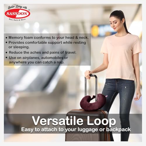Image of Sassoon Memory Foam Travel Neck Pillow (Chestnut, Pack of 1) - Ergonomic Support, Soft Breathable Washable Cover, Lightweight with Carry Loop for Travel & Home