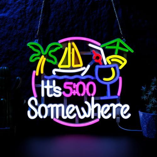 LIUISNEO Its 5:00 Somewhere Neon Sign 14x14 Inch Cocktail Theme LED Light with Dimmable Switch for Party and Home Decoration