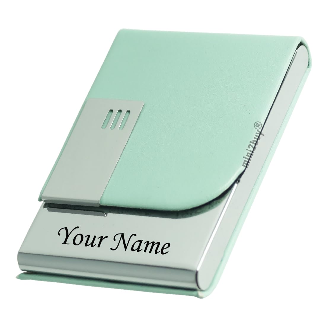 custom Stainless Steel Customized/Personalized Your Name on Vertical Card Holder for Men Women 15-20 Business Visiting Card and 5-8 Debit/Credit Card RFID Blocking Corporate Gift (Light Green-PTI)-picture-13
