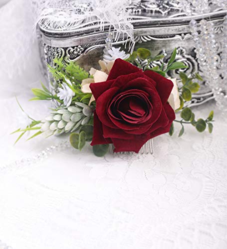 Anglacesmade Bridal Flower Hair Comb Burgundy Dark Red Rose Cream Daisy Eucalyptus Greenery Headpiece For Rustic Wedding Photo Shoot Prom Party Festival #TOP6