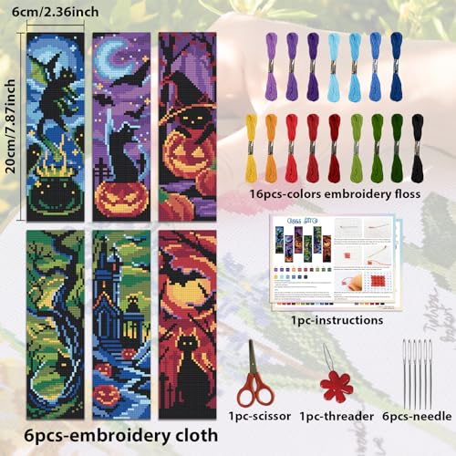 Image of ACRNIGHEET 6PCS Cat Cross Stitch Bookmark Kit DIY Halloween Bookmarks Cross Stitch Kit for Adult Beginners Pumpkin Cross-Stitch Stamped Kits 8.7x3.1inch Stamped Embroidery Bookmark with Instructions