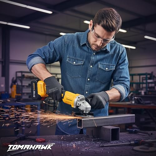 Image of Tomahawk T-32052 21V Cordless Brushless Angle Grinder 4 Inch | 3 Speed Control (8500 /5500 /3500 RPM) | 2 x 3.0Ah Batteries | Trigger Lock | Battery Level Indicator | Home & DIY Use