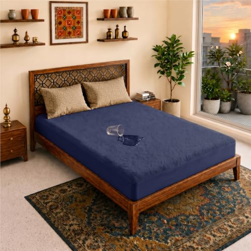 Image of Lithara Terry Cotton Fitted Mattress Protector for Queen /Double Bed | Waterproof & Elastic Band | Ultra Soft & Hypoallergenic Mattress Cover | Size : 66 x 72 Inches (5.5 x 6 Feet) | (Navy Blue)