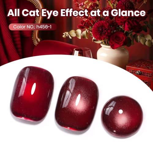 Image of Beetles Red Cat Eye Gel Nail Polish - Wine-Stained Cherry 15ML Magnetic Gel Polish 2 Cat Eye Effects White Glow & Ruby Glow Soak Off UV Glass Cat Eye Gel for Nail Art Salon DIY at Home