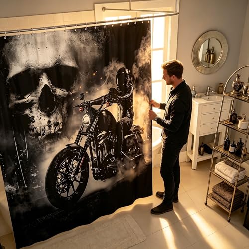 Homewish Black Motorcycle Rider Shower Curtain Gray Skull and Mist Decor Bath Curtain Extreme Sport for Boys Teens Men Microfiber Waterproof Fabric with Hooks for Stalls Bathroom, 72Wx72L inch