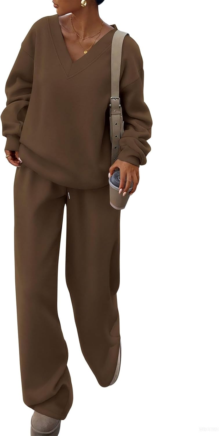 Women's Two Piece Set Sweatsuits V Neck Tracksuitual Loungewear Soft Fabric Long Sleeve Top And Wide Leg Pants