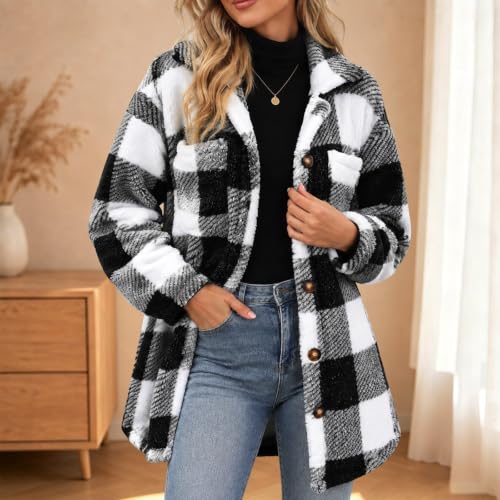 Womens Plaid Fleece Jacket Oversized Button Down Shacket Fall Winter Coats - image 2